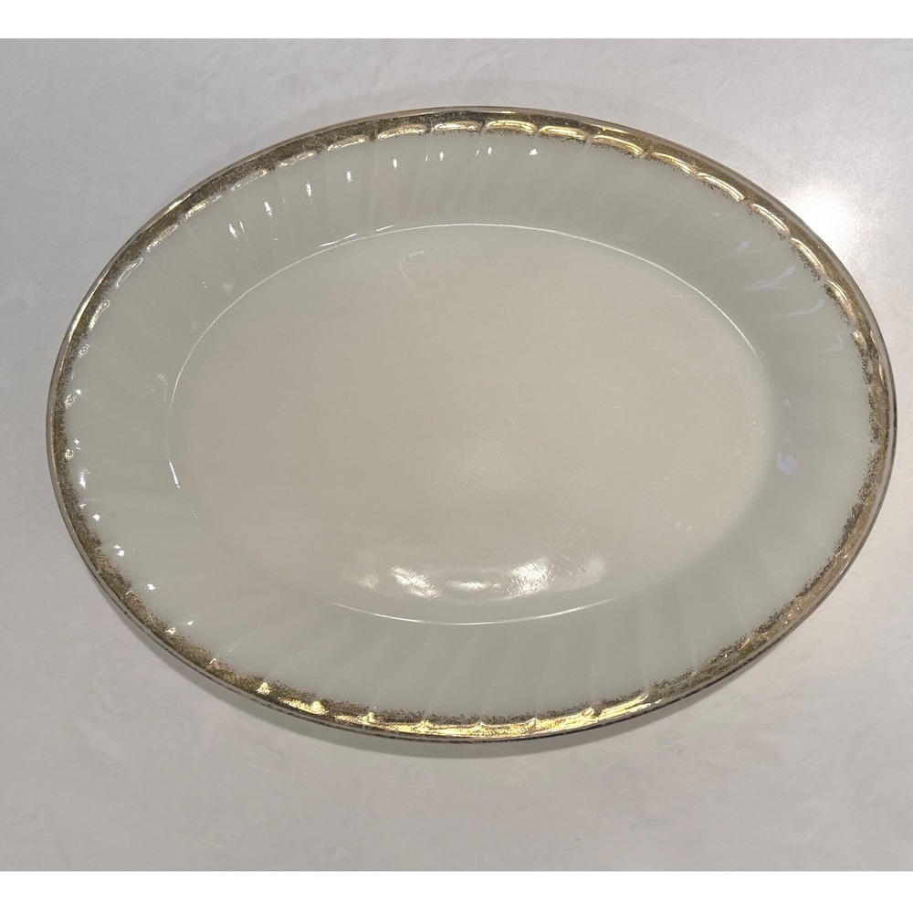 Fire-King Oval Serving Platter Swirl 12"x9" White Milk Glass Gold Anchor Hocking
